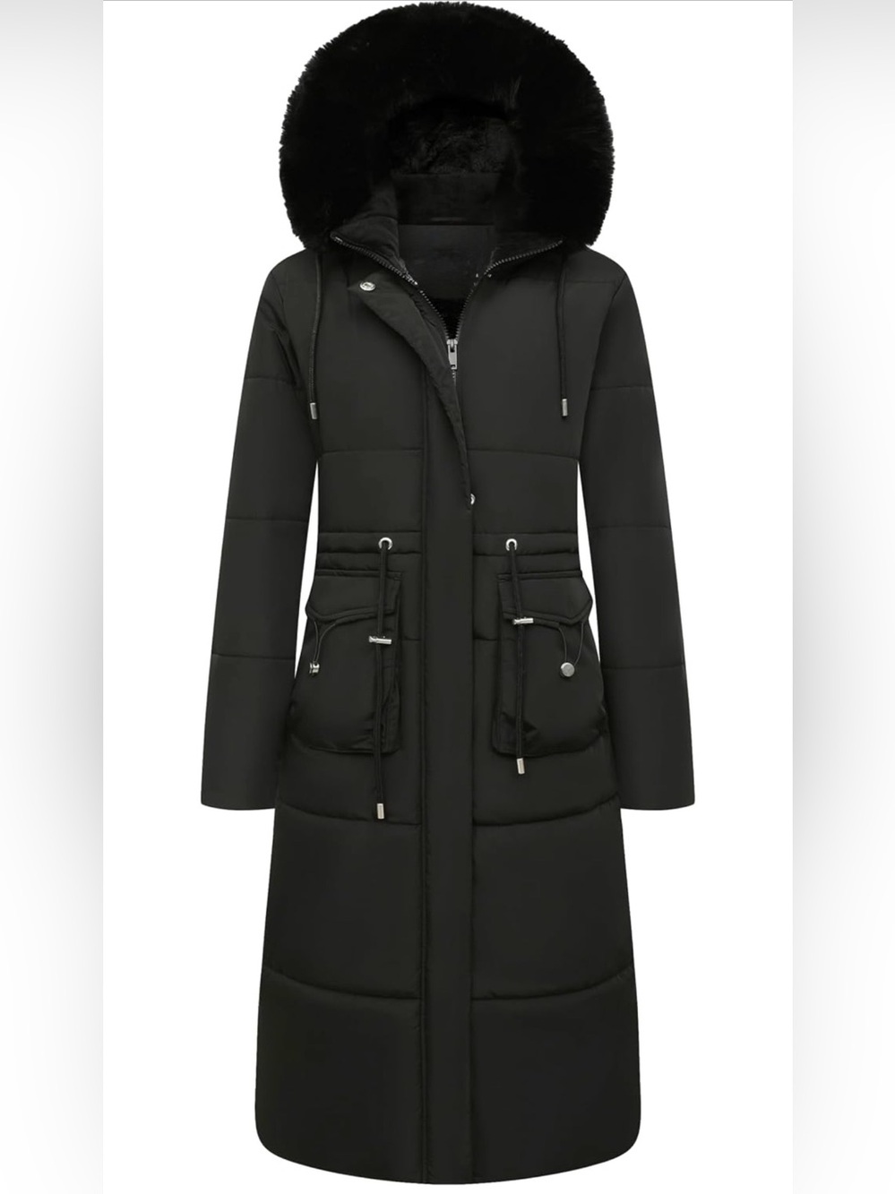 Women’s Long Black Puffer Coat Maxi Winter Parka Faux Fur Hood Waterproof